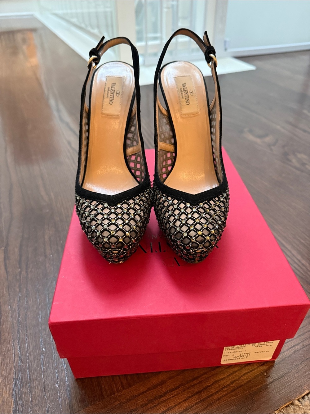 Valentino Black and Crystal Mesh Slingback Pumps